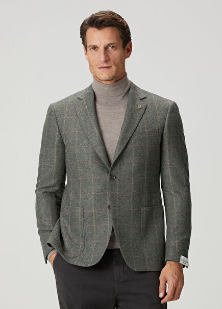 Key Koyu Yeşil Ekose Desenli Yün Ceket