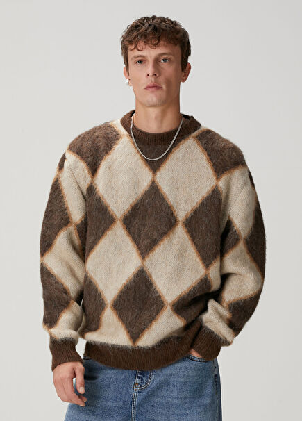 Brown Diamond Pattern Jacquard Sweater