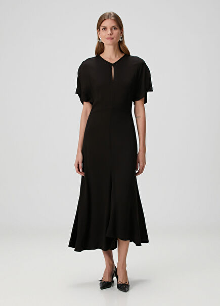 Siyah Midi Krep Elbise