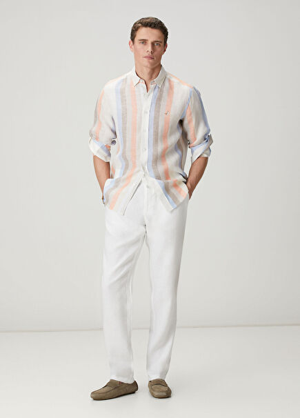 White Waist Corded Linen Trousers