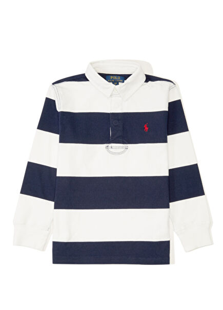 Navy Blue White Striped Kids Polo T-Shirt