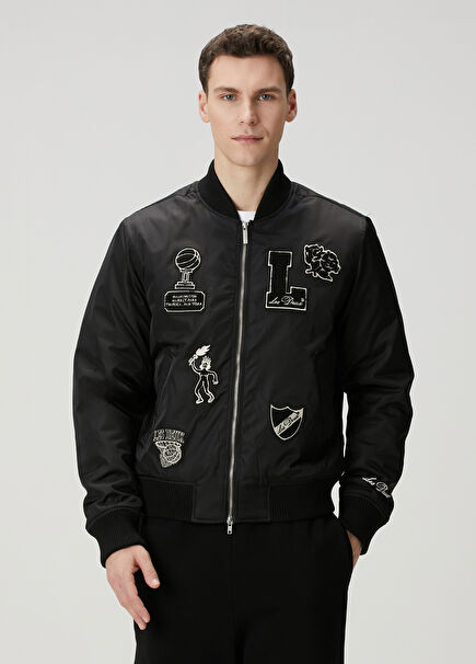 Black Logo Patched Bomber Jacket