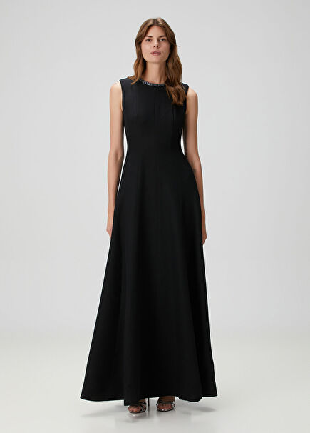 Black Embellished Maxi Wool Evening Dress
