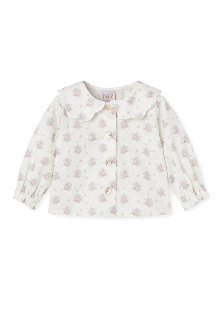 Desenli Beyaz Yaka Detaylı Uzun Kollu Kız Bebek Bluz 