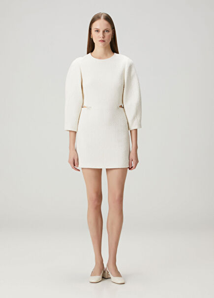 Ekru Mini Tweed Elbise
