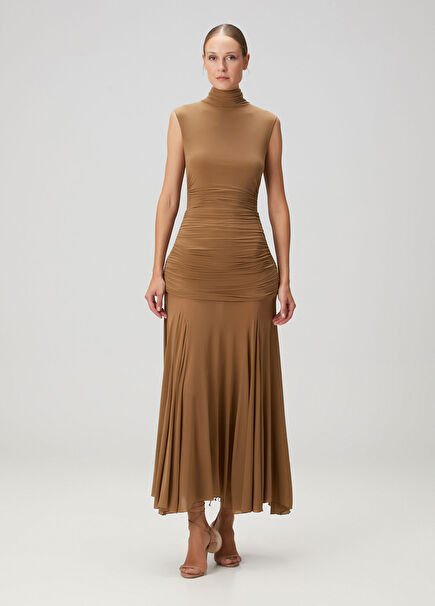 Koyu Bej Maksi Elbise