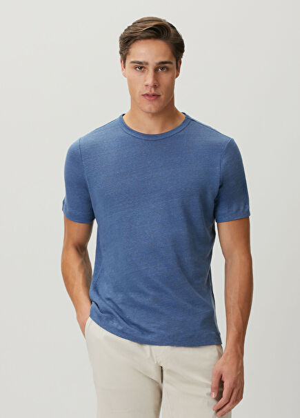 Regular Fit Roman Mavi Keten T-shirt