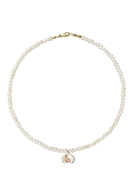 Orkide Beyaz Mineli 925 Ayar Gümüş Üzeri 24 Ayar Altın Kaplama Kadın İnci Kolye