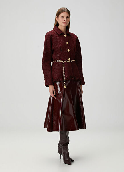 Burgundy Patent Leather Midi Length Women's Skirt