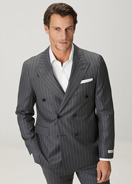 Grey Stripe Pattern Wool Double Breasted Suit