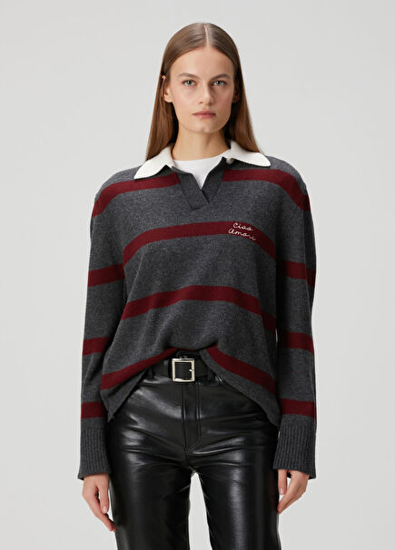 Grey Striped Wool Polo Sweater