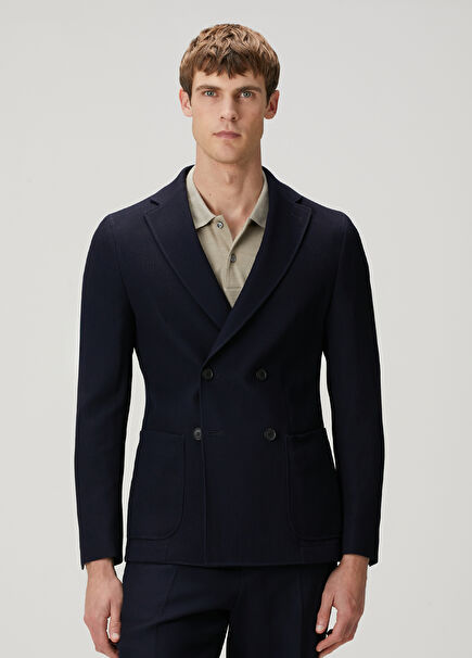 Navy Blue Wool Double-Breasted Tuxedo Jacket