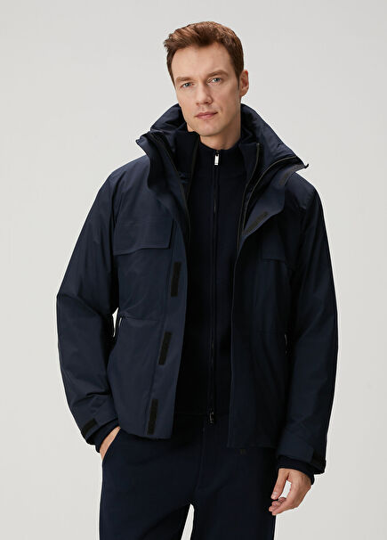 Navy Blue Hooded Inner Coat Detailed Jacket