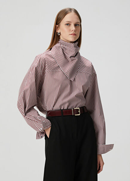 Bordo Çizgili Fular Detaylı Bluz