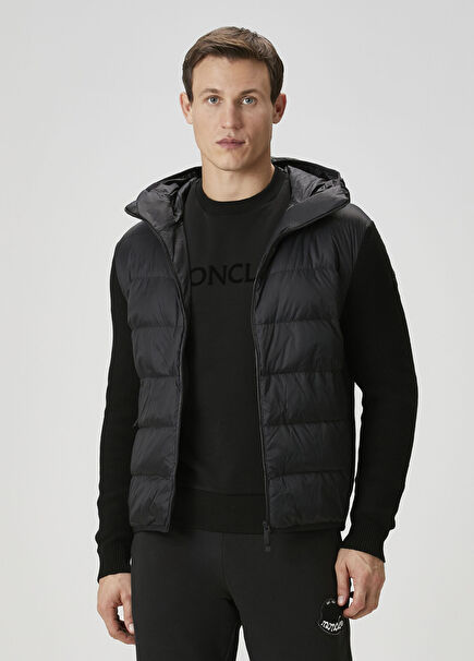 Siyah Kapüşonlu Triko Garnili Mont