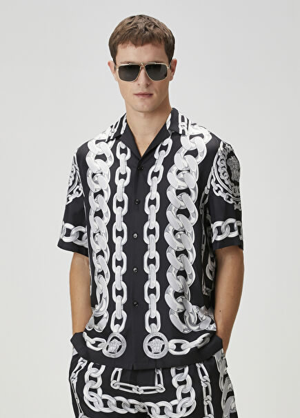 Black Grey Chain Pattern Short Sleeve Silk Shirt
