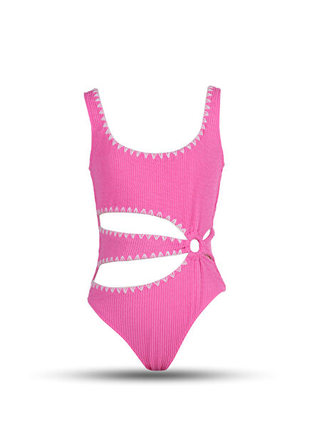 Pink Embroidered Cut-Out U-Neck Girls' Swimsuit