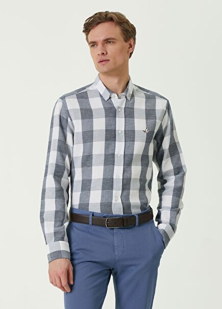 Comfort Fit Lacivert Ekoseli Petek Dokulu Gömlek