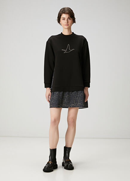 Siyah Leopar Garnili Mini Jersey Elbise