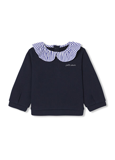Navy Blue Collar Detailed Baby Girl Fleece Sweatshirt