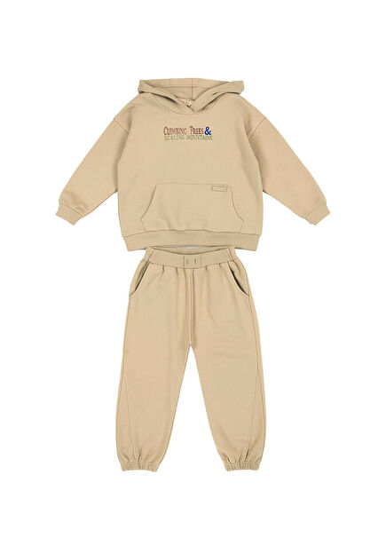 Ayıcık Baskılı Sütlü Kahve Pamuklu Erkek Çocuk Eşofman Takımı