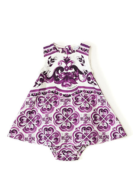 Mor Majolica Baskılı Kız Bebek Elbise