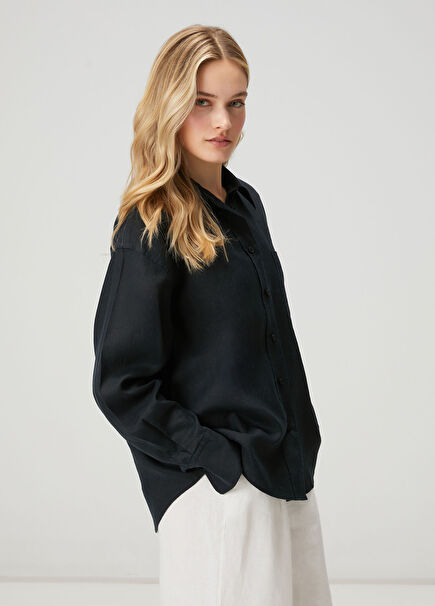 Oversize Siyah Keten Gömlek