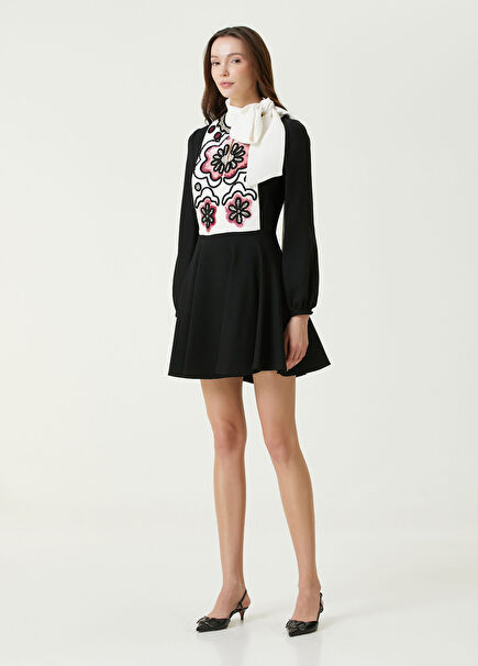 Mini Silk Dress With Black And White Embroidered D