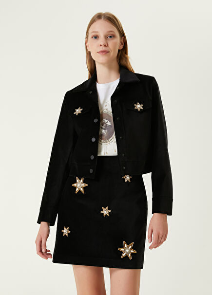 Siyah Taşlı Aksesuarlı Kadife Trucker Ceket