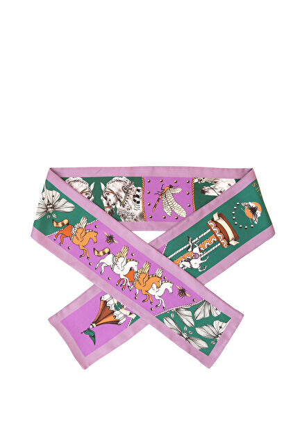 Soulmate Atlar & Güverler Mor İpek Twill Şerit Eşarp 14 cm x 153 cm