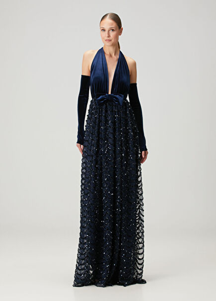 Crownlight Lacivert Maksi Kadife Abiye Elbise