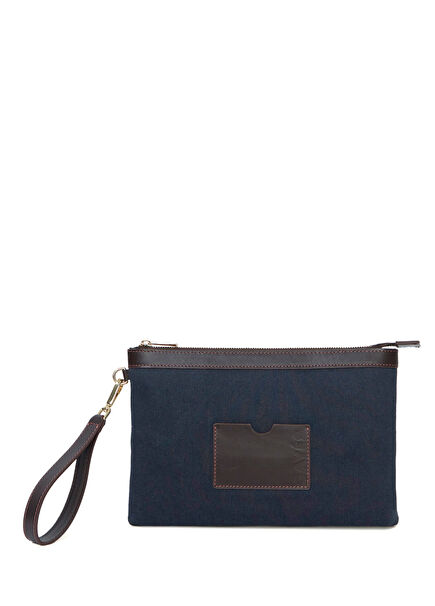 Stitched Lacivert Denim Kahverengi Clutch Kadın El Portföyü