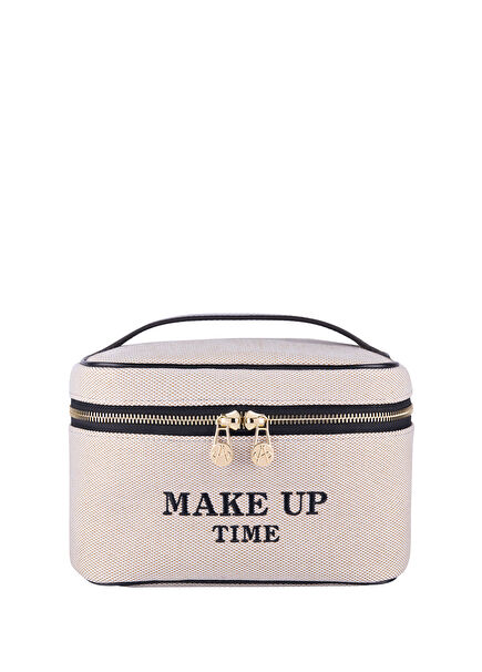 Bej Siyah Deri Garnili Kadın Kanvas Mini Çanta