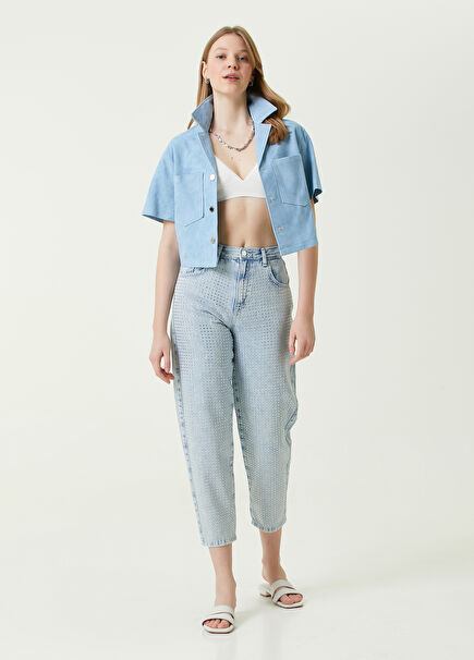 Slouchy Açık Mavi Taş Baskılı Jean Pantolon