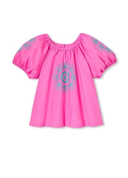 Pembe Balon Kollu Poplin Kız Çocuk Bluz