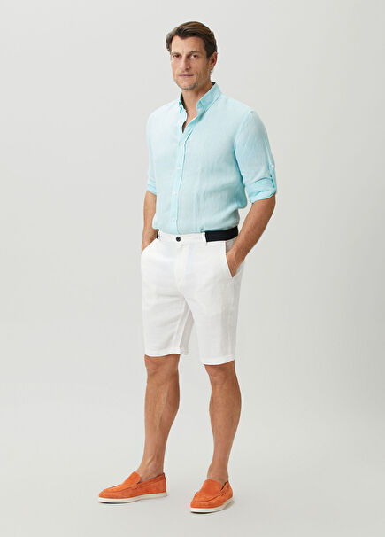 White Waist Corded Linen Bermuda