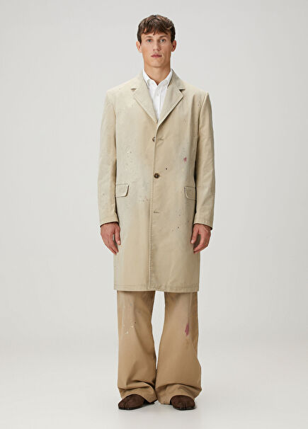 Bej Fırça Darbesi Desenli Palto