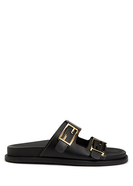 Black Logo Detailed Women's Leather Slipper