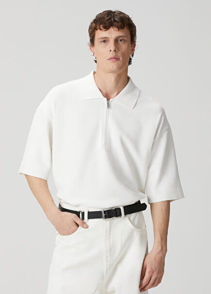 Ekru Polo Yaka Kısa Kollu Triko