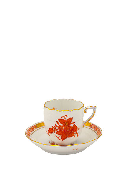Apponyi Patterned Orange Porcelain Coffee Cup and Saucer