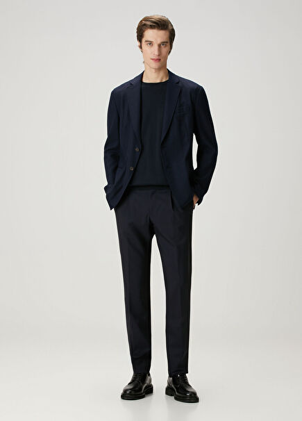 Navy Blue Pleated Wool Pants