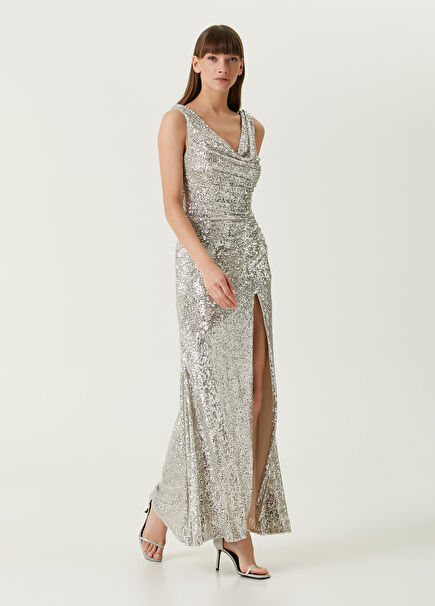 Silver Embroidered Maxi Evening Dress
