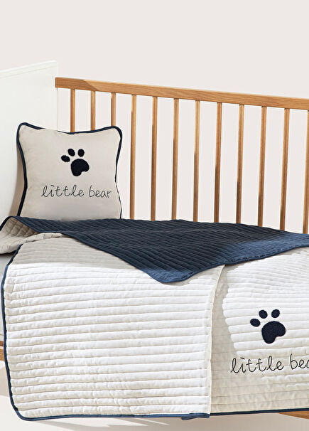 Cool Bear Beige Navy Blue Cotton Baby Kids Bedspread 130 x 180 cm