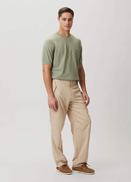 Relaxed Fit Beige Silk Cargo Pants