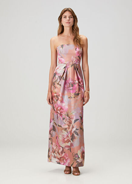 Pink Flower Jacquard Maxi Evening Dress