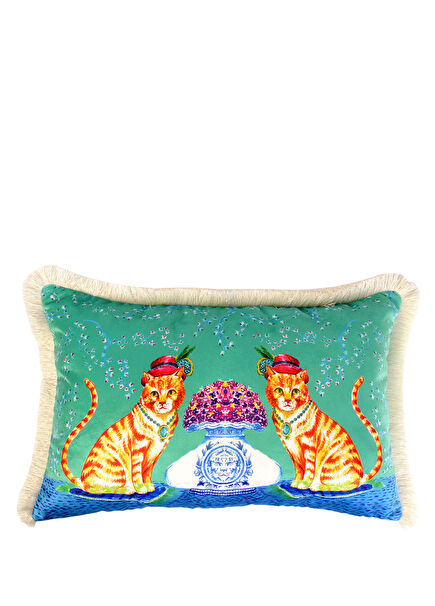 Kedi Desenli Su Yeşili Kadife Dekoratif Kırlent Kılıfı 40 x 60 cm