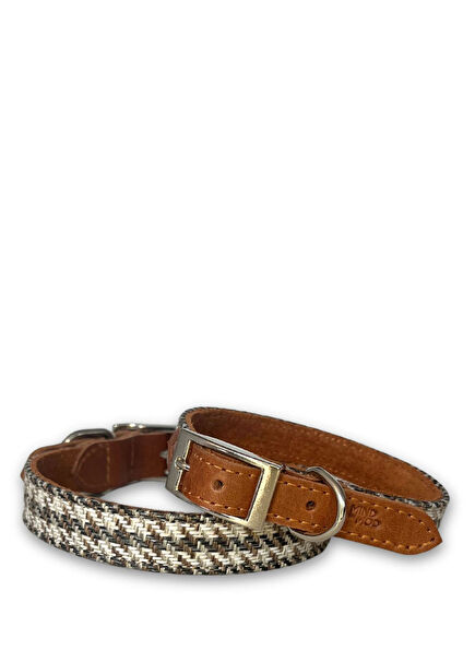 Hound's Tooth Grey Leather Dog Neck Collar