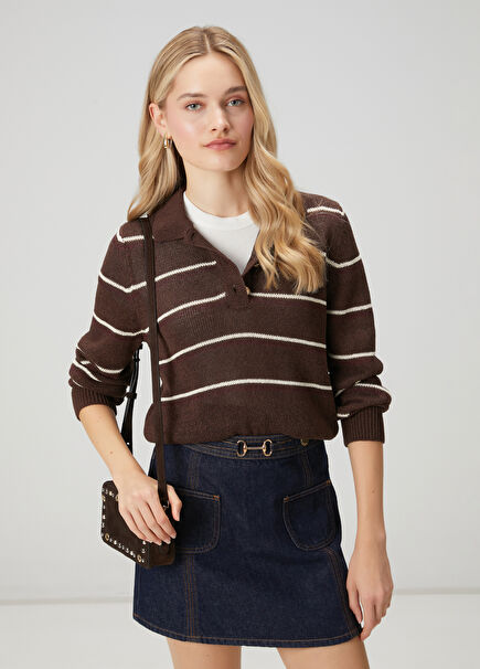 Kahverengi Çizgili Polo Kazak