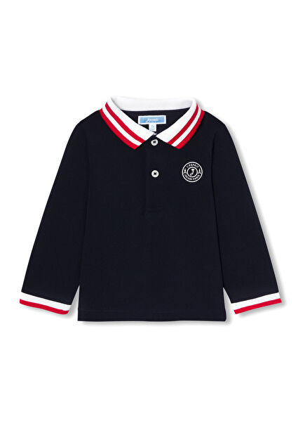 Navy Blue Cotton Pique Polo Neck Long Sleeve Baby Boy Sweatshirt
