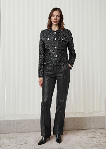 Siyah Yün Karışımlı Tweed Ceket